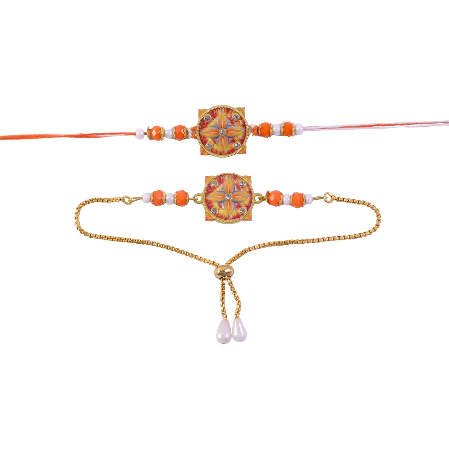 Premium Sunburst Floral Enamel Crystal Beads Bhai Bhabhi Rakhi Lumba Set