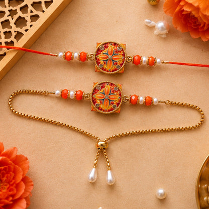 Premium Sunburst Floral Enamel Crystal Beads Bhai Bhabhi Rakhi Lumba Set