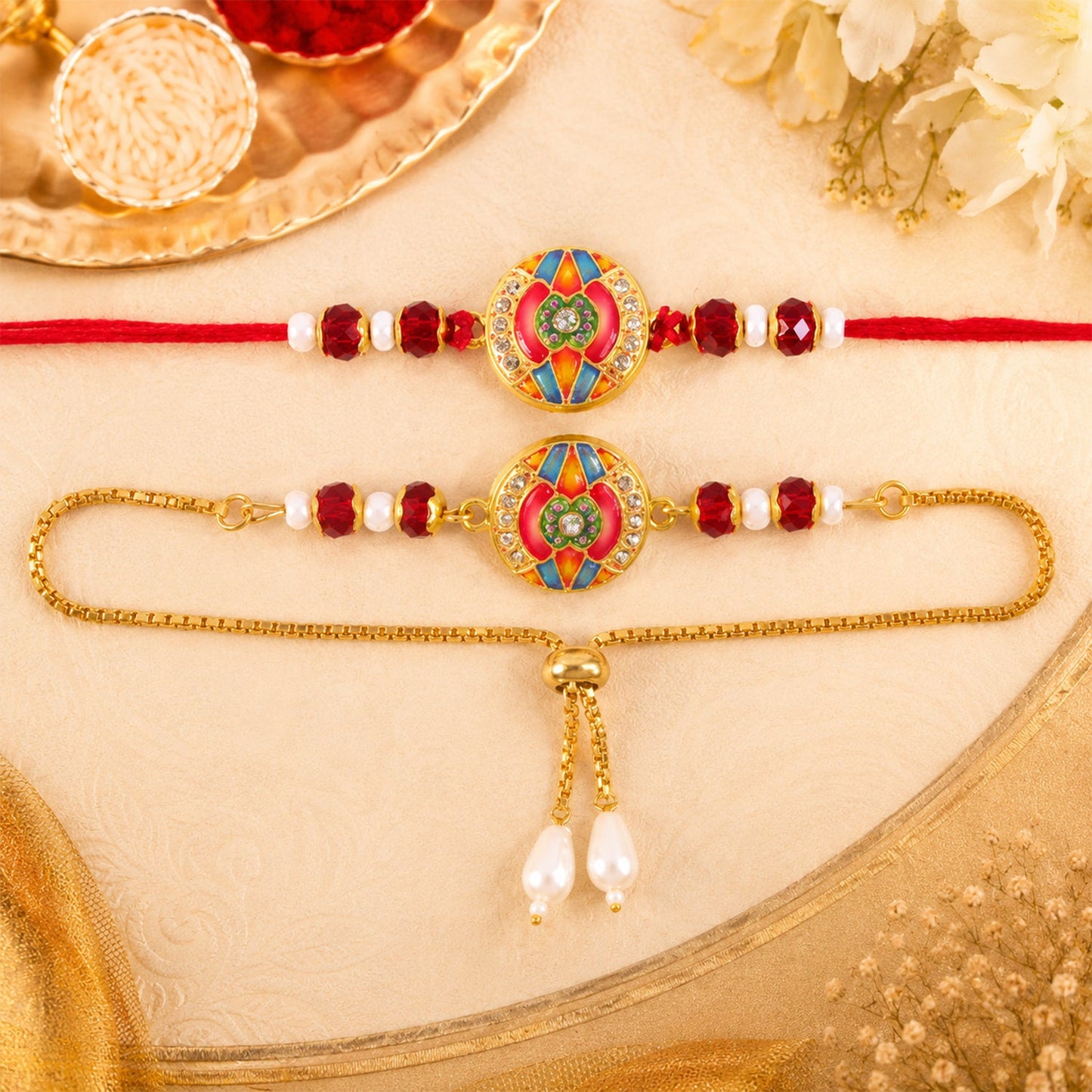 Premium Round Motif Enamel Crystal Stylish Beads Bhai Bhabhi Rakhi Lumba Set