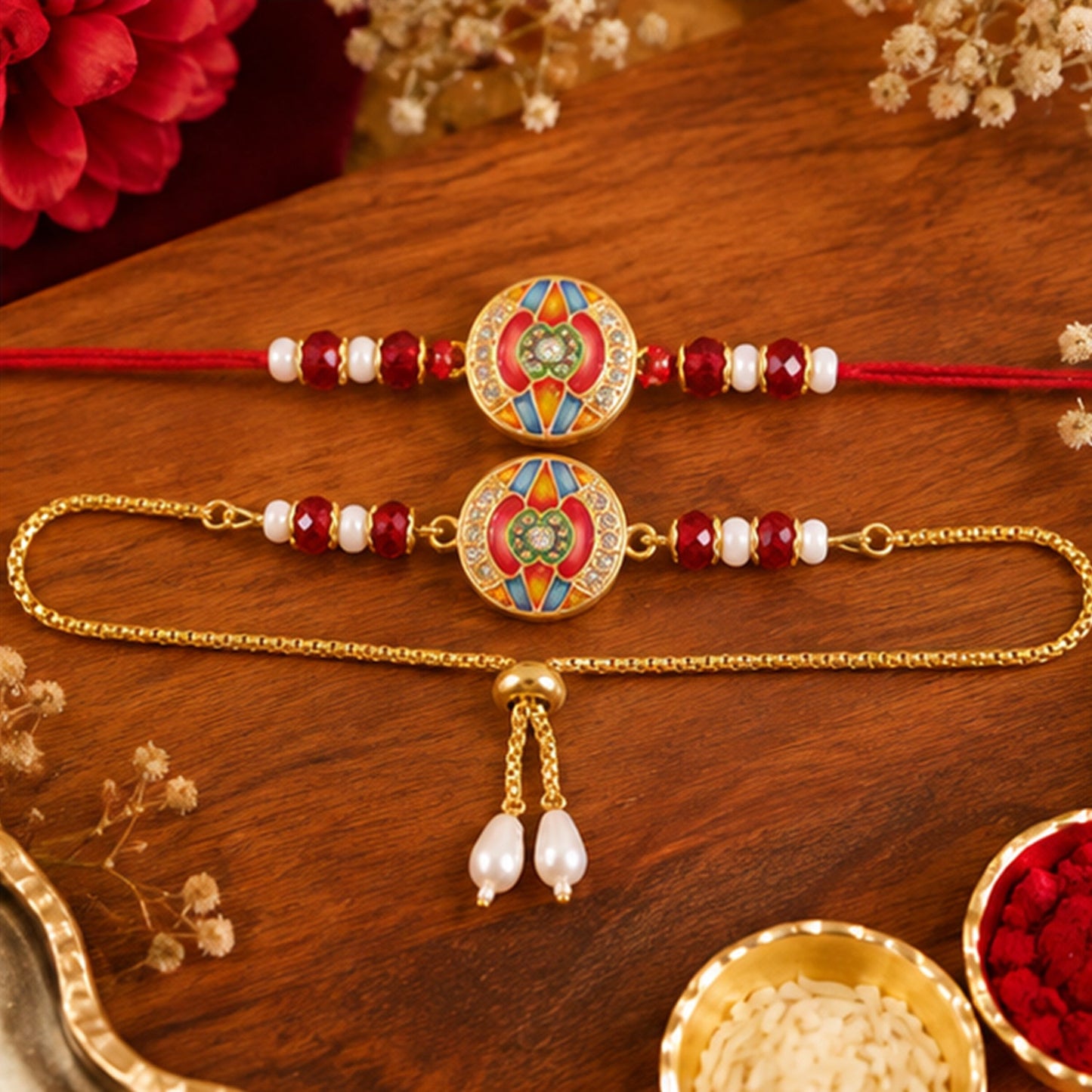 Premium Round Motif Enamel Crystal Stylish Beads Bhai Bhabhi Rakhi Lumba Set
