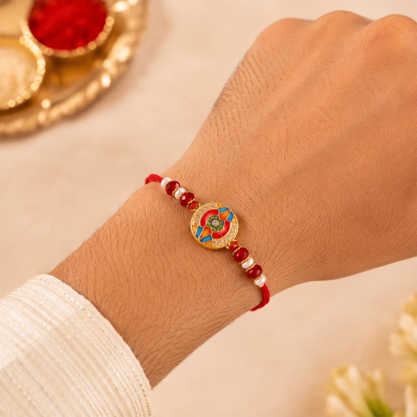 Premium Round Motif Enamel Crystal Stylish Beads Bhai Bhabhi Rakhi Lumba Set