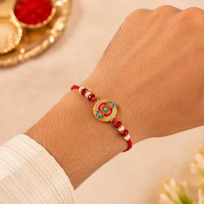 Premium Round Motif Enamel Crystal Stylish Beads Bhai Bhabhi Rakhi Lumba Set