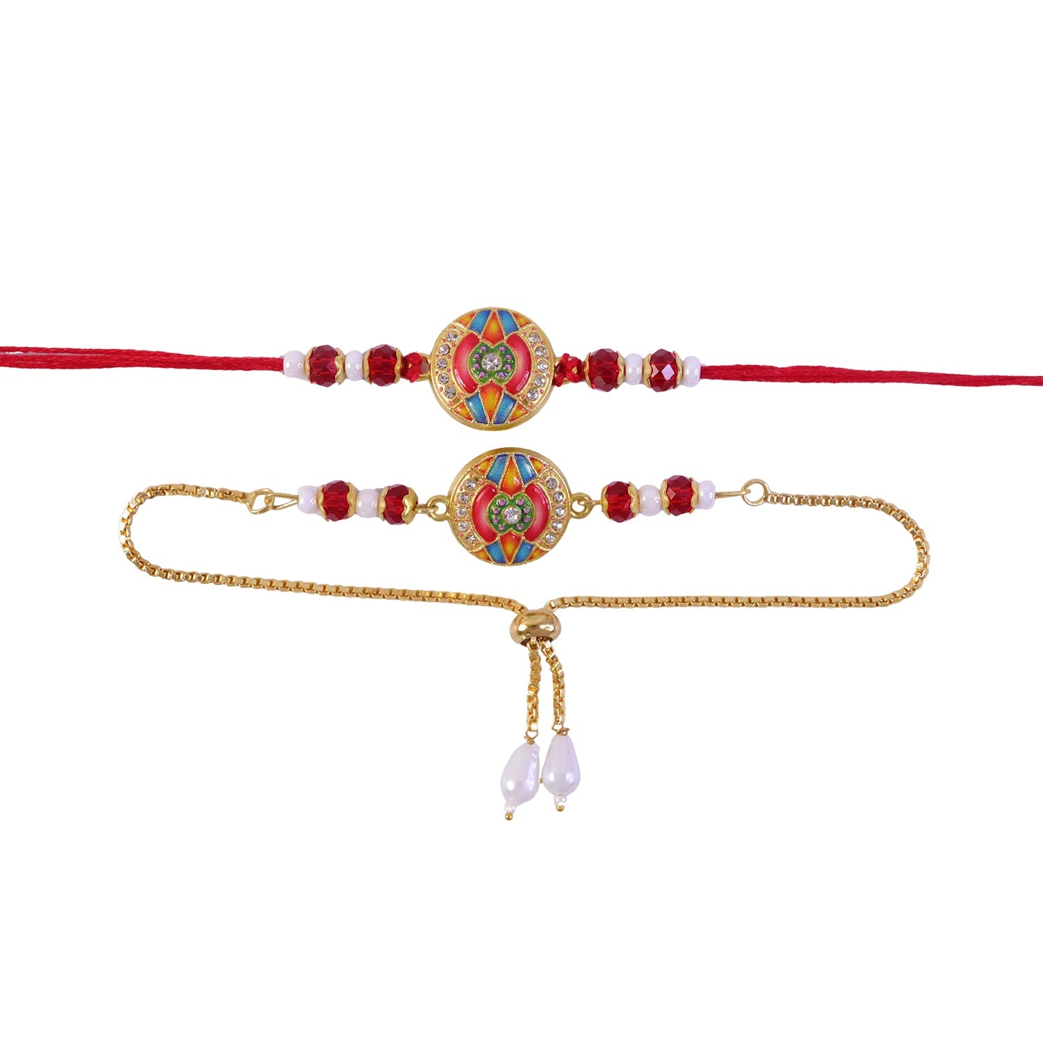 Premium Round Motif Enamel Crystal Stylish Beads Bhai Bhabhi Rakhi Lumba Set