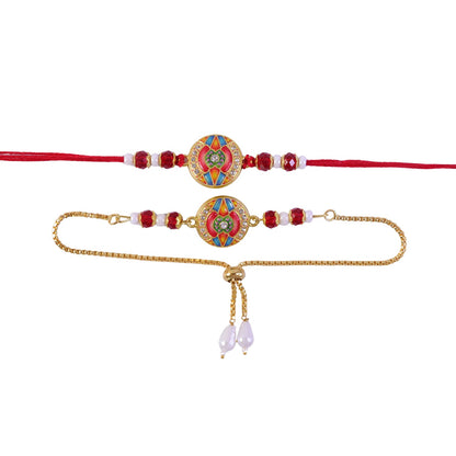 Premium Round Motif Enamel Crystal Stylish Beads Bhai Bhabhi Rakhi Lumba Set