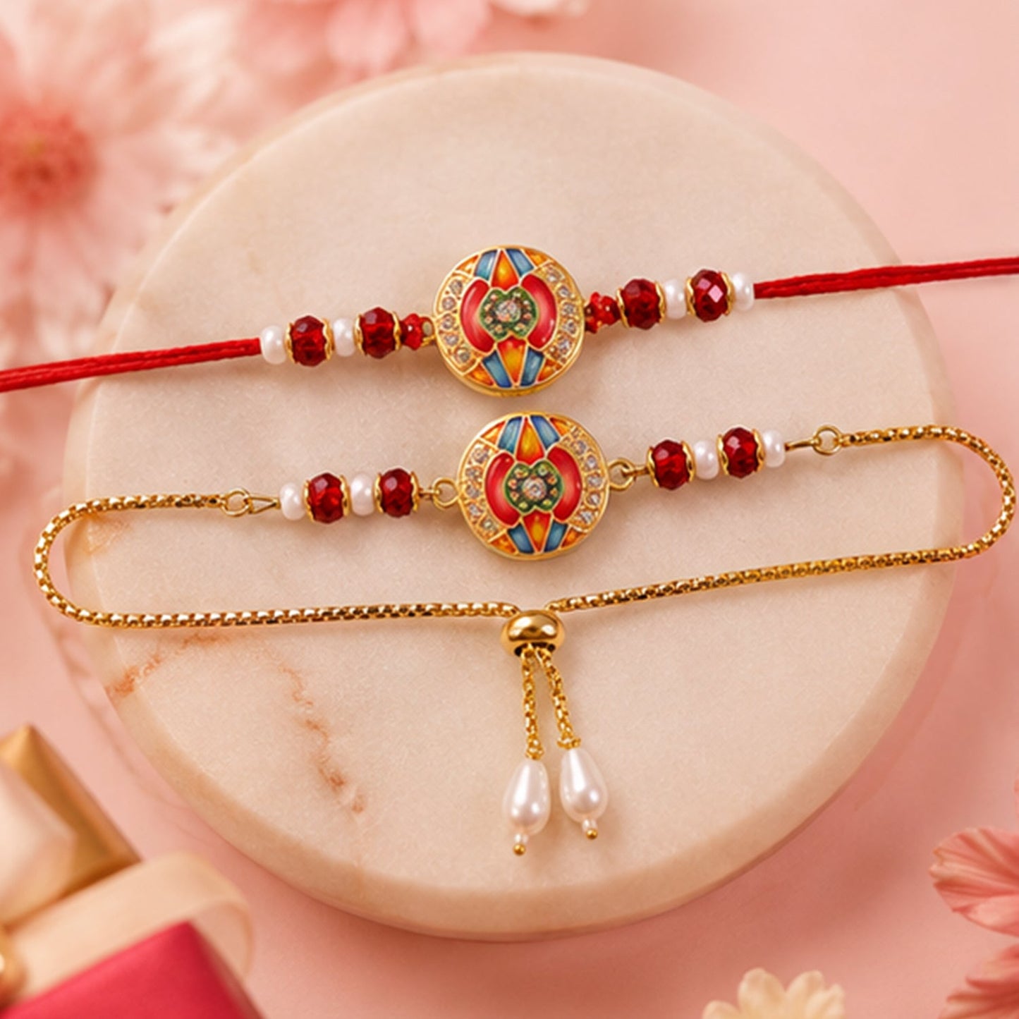 Premium Round Motif Enamel Crystal Stylish Beads Bhai Bhabhi Rakhi Lumba Set