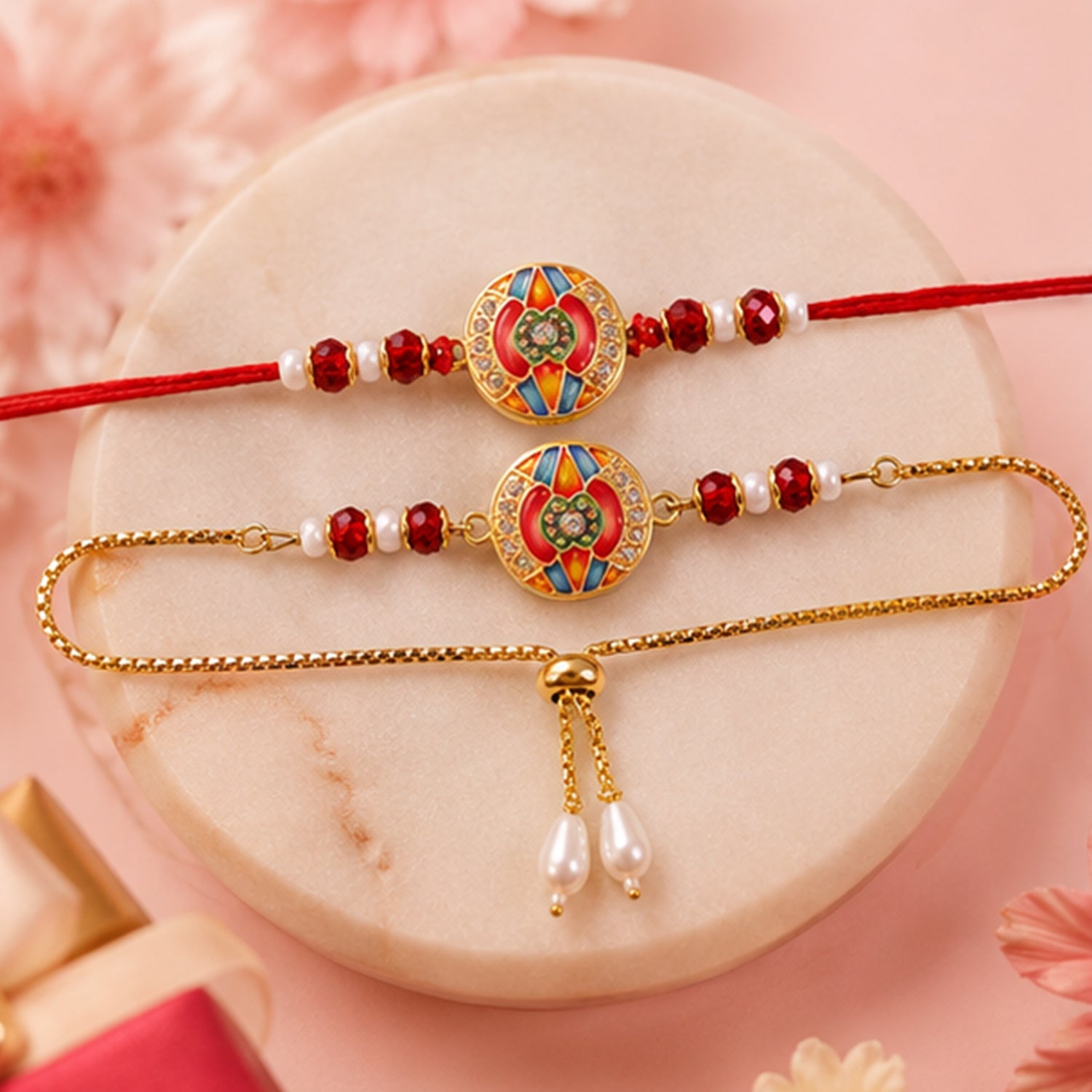 Premium Round Motif Enamel Crystal Stylish Beads Bhai Bhabhi Rakhi Lumba Set