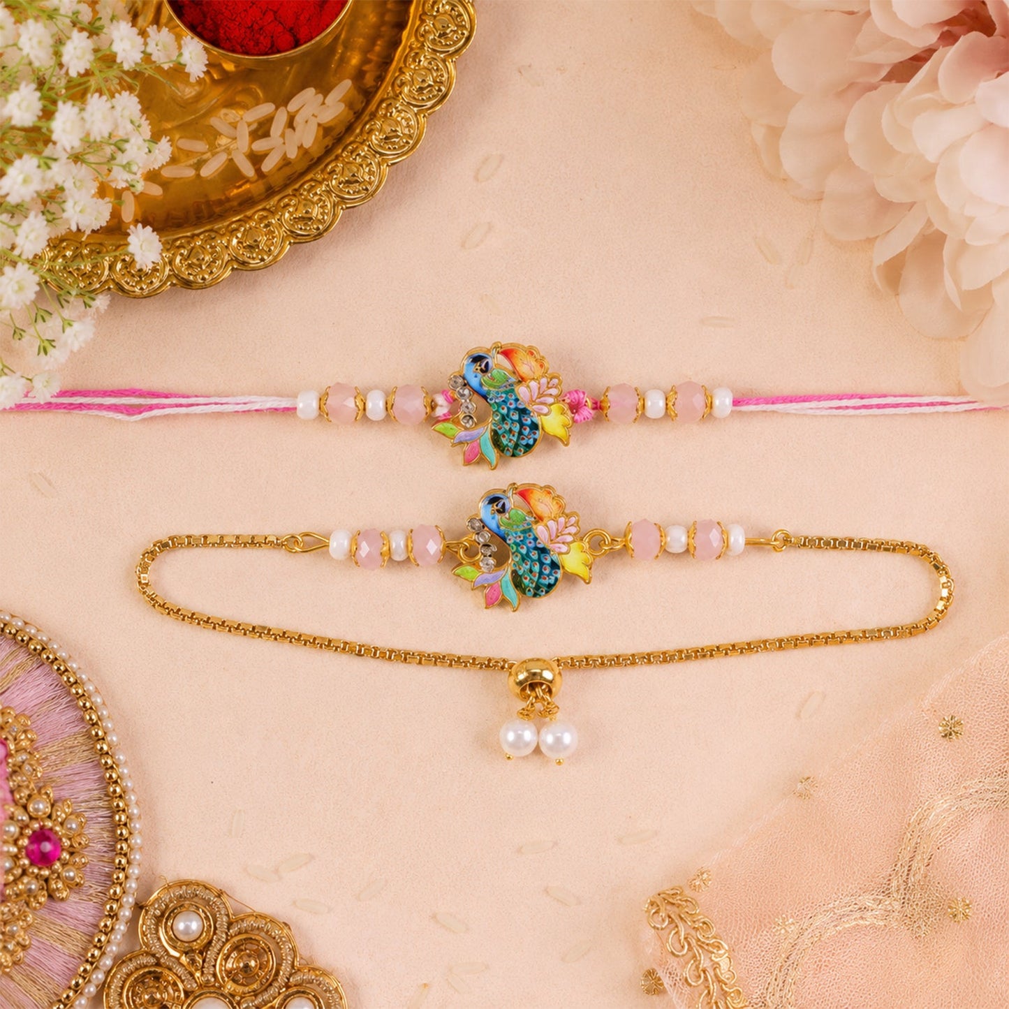 Peacock Motif Enamel Crystal Beads Bhai Bhabhi Rakhi Lumba Set