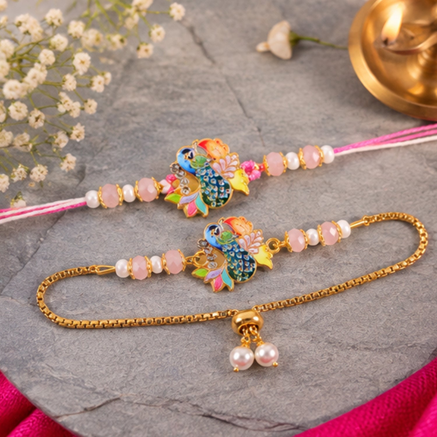 Peacock Motif Enamel Crystal Beads Bhai Bhabhi Rakhi Lumba Set