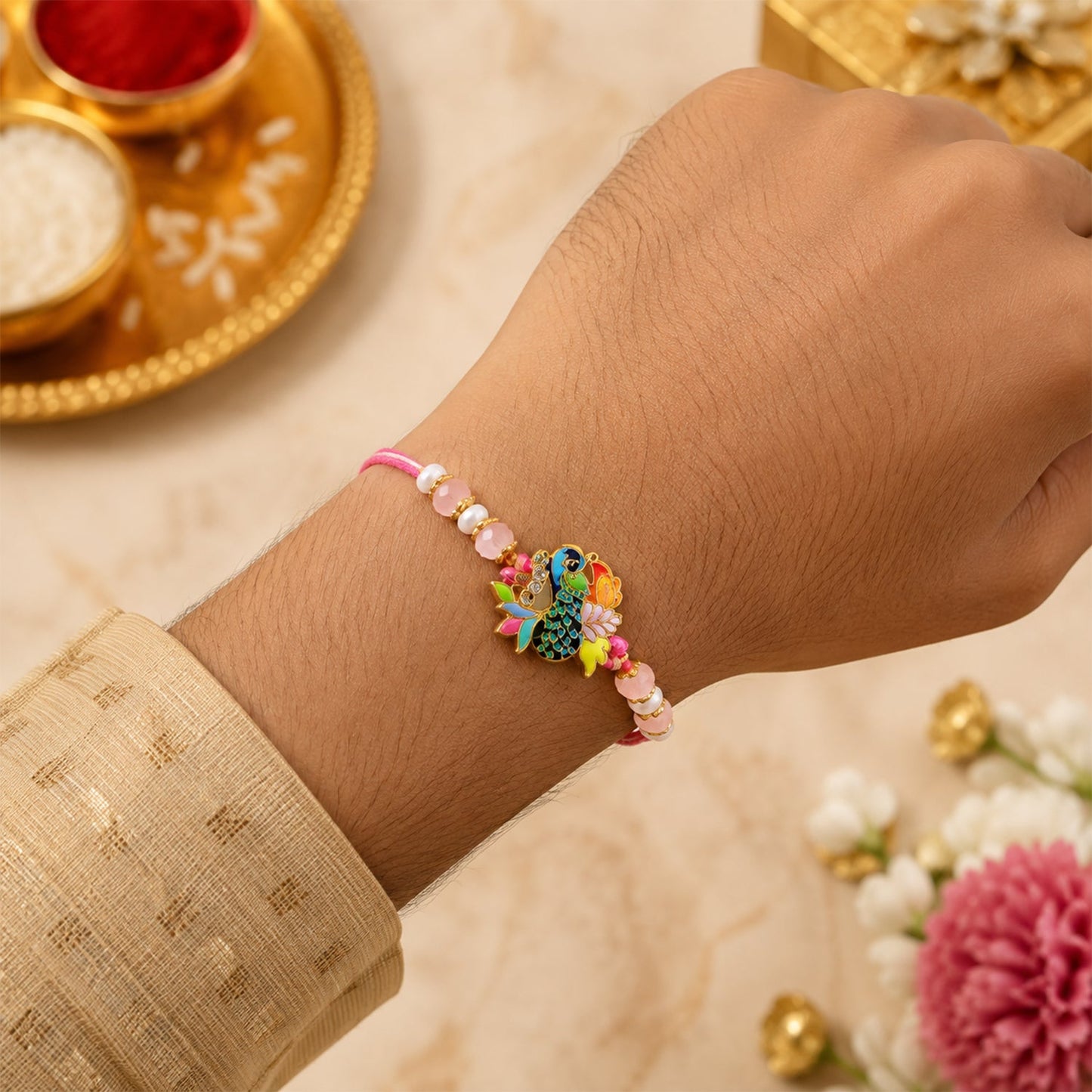 Peacock Motif Enamel Crystal Beads Bhai Bhabhi Rakhi Lumba Set