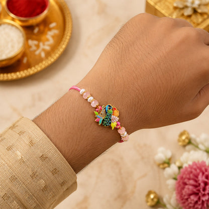Peacock Motif Enamel Crystal Beads Bhai Bhabhi Rakhi Lumba Set
