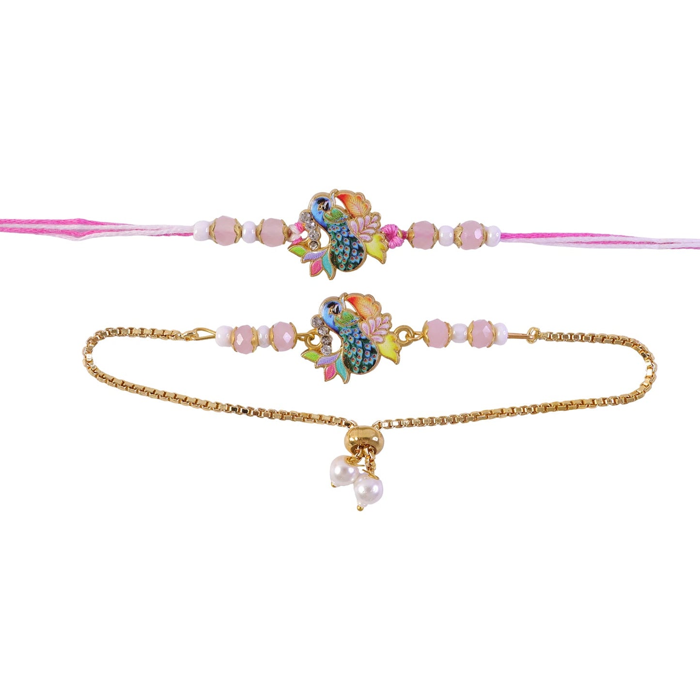 Peacock Motif Enamel Crystal Beads Bhai Bhabhi Rakhi Lumba Set