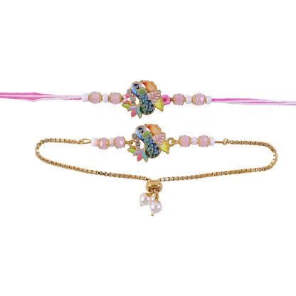 Peacock Motif Enamel Crystal Beads Bhai Bhabhi Rakhi Lumba Set