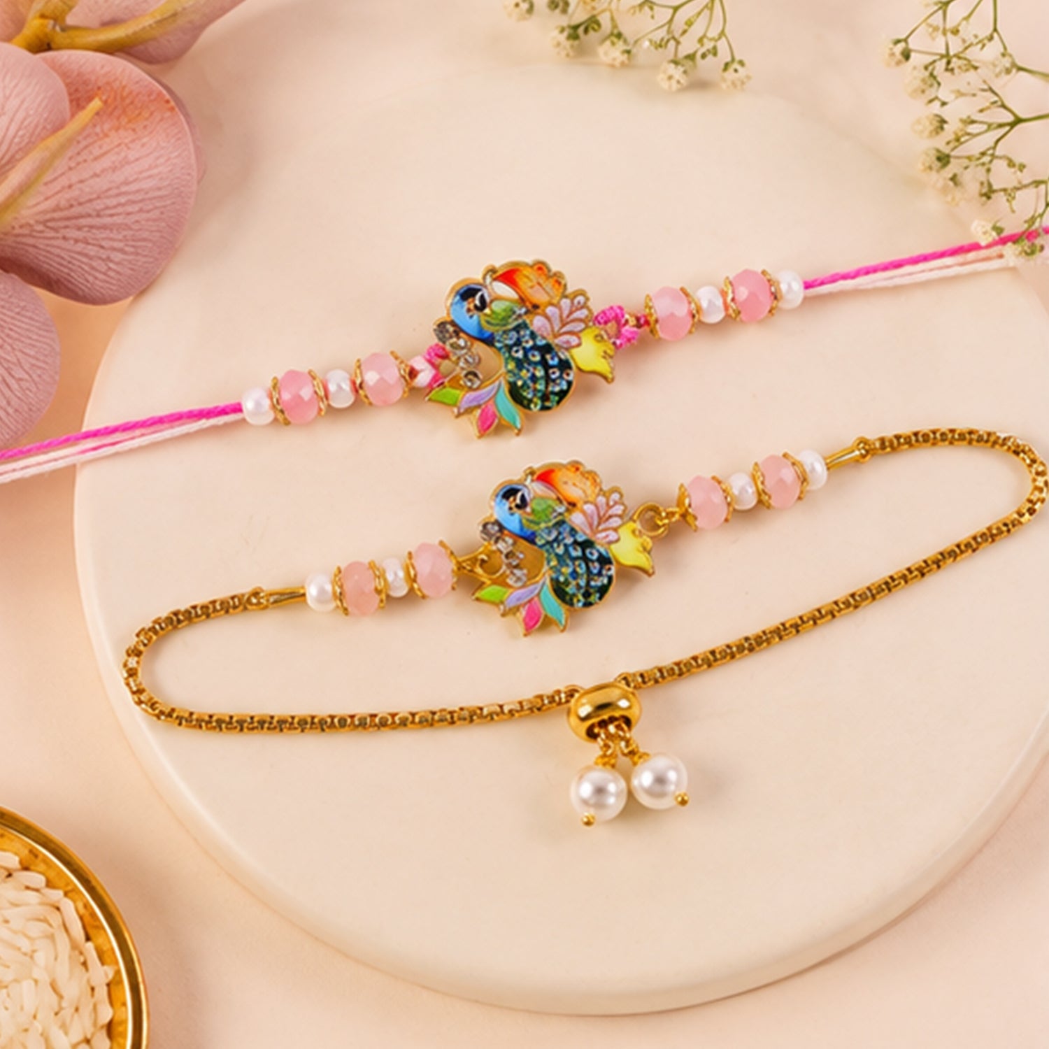 Peacock Motif Enamel Crystal Beads Bhai Bhabhi Rakhi Lumba Set