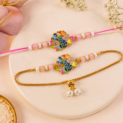Peacock Motif Enamel Crystal Beads Bhai Bhabhi Rakhi Lumba Set