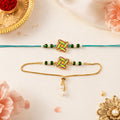 Star Design Motif Enamel Crystal Green Beads Bhai Bhabhi Rakhi Lumba Set