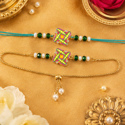 Star Design Motif Enamel Crystal Green Beads Bhai Bhabhi Rakhi Lumba Set