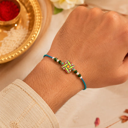 Star Design Motif Enamel Crystal Green Beads Bhai Bhabhi Rakhi Lumba Set