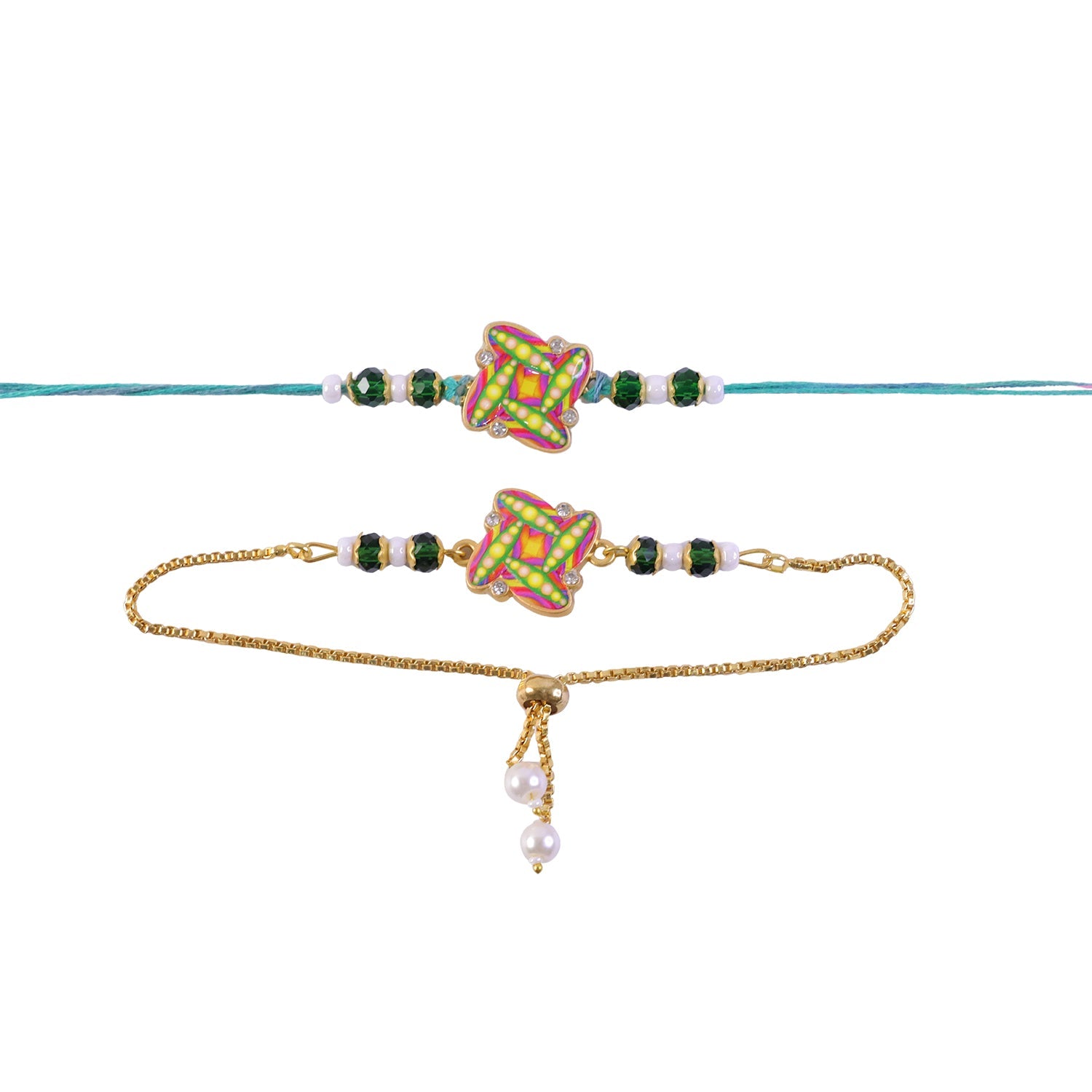 Star Design Motif Enamel Crystal Green Beads Bhai Bhabhi Rakhi Lumba Set