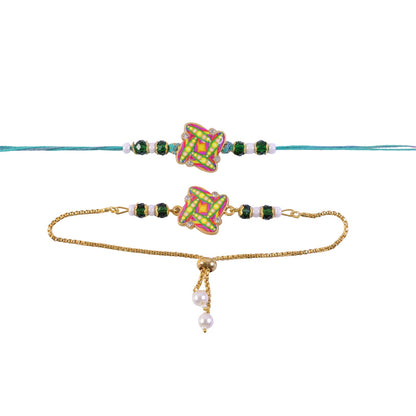 Star Design Motif Enamel Crystal Green Beads Bhai Bhabhi Rakhi Lumba Set