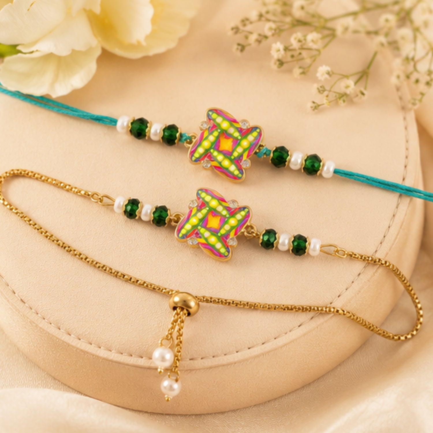 Star Design Motif Enamel Crystal Green Beads Bhai Bhabhi Rakhi Lumba Set