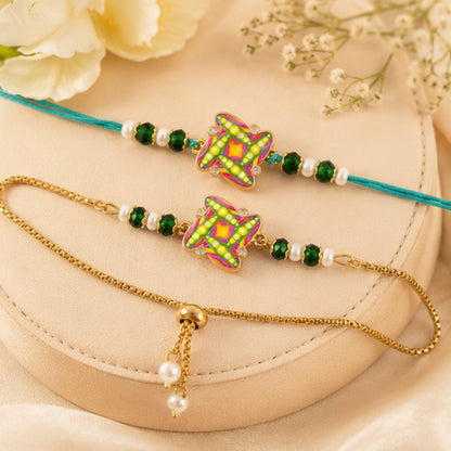 Star Design Motif Enamel Crystal Green Beads Bhai Bhabhi Rakhi Lumba Set