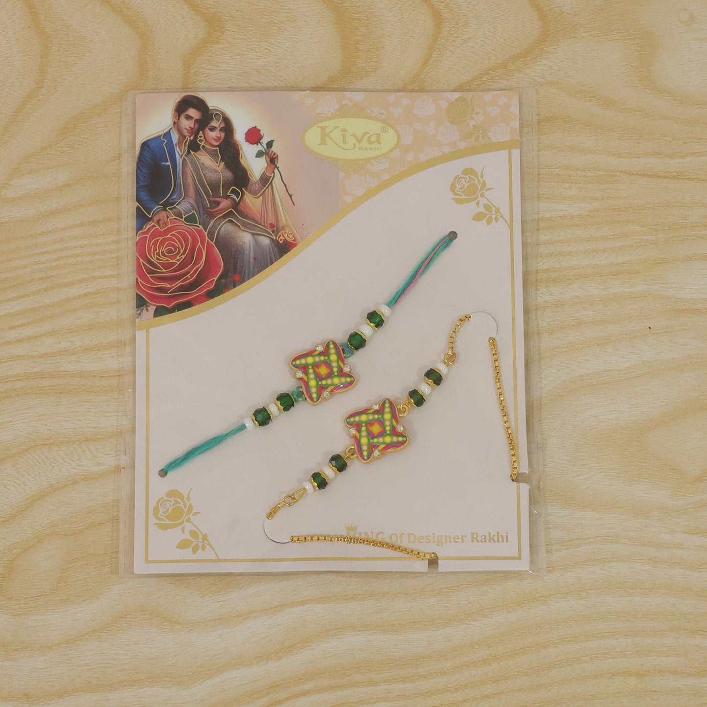 Star Design Motif Enamel Crystal Green Beads Bhai Bhabhi Rakhi Lumba Set