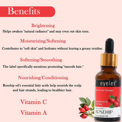 Eyelet Rosehip Essential Oil Natural Skin & Hair Therapy Oil for Smooth Hair