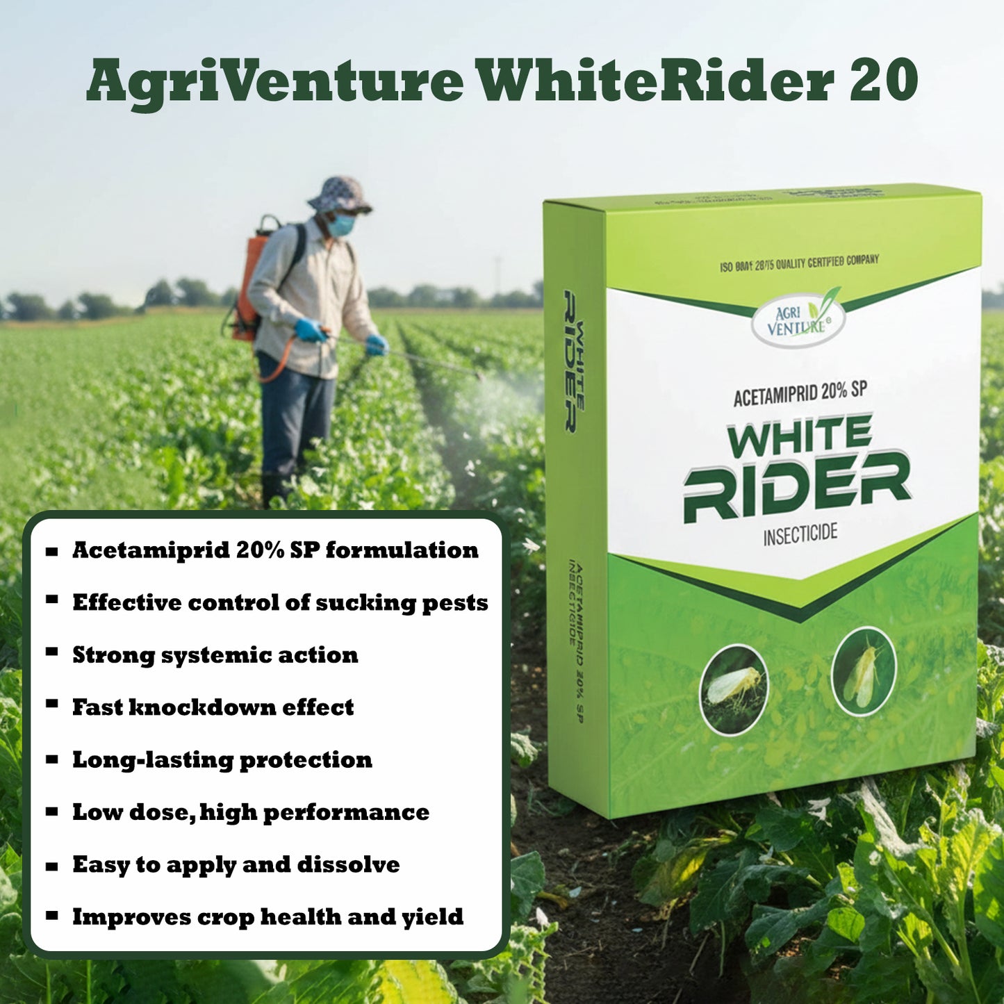 AgriVenture WHITE RIDER ( Acetamiprid 20% SP )Insecticide, Used For The Control Of Sucking Pests Like White Fly, Aphid And Jassids(100Gm,250Gm)
