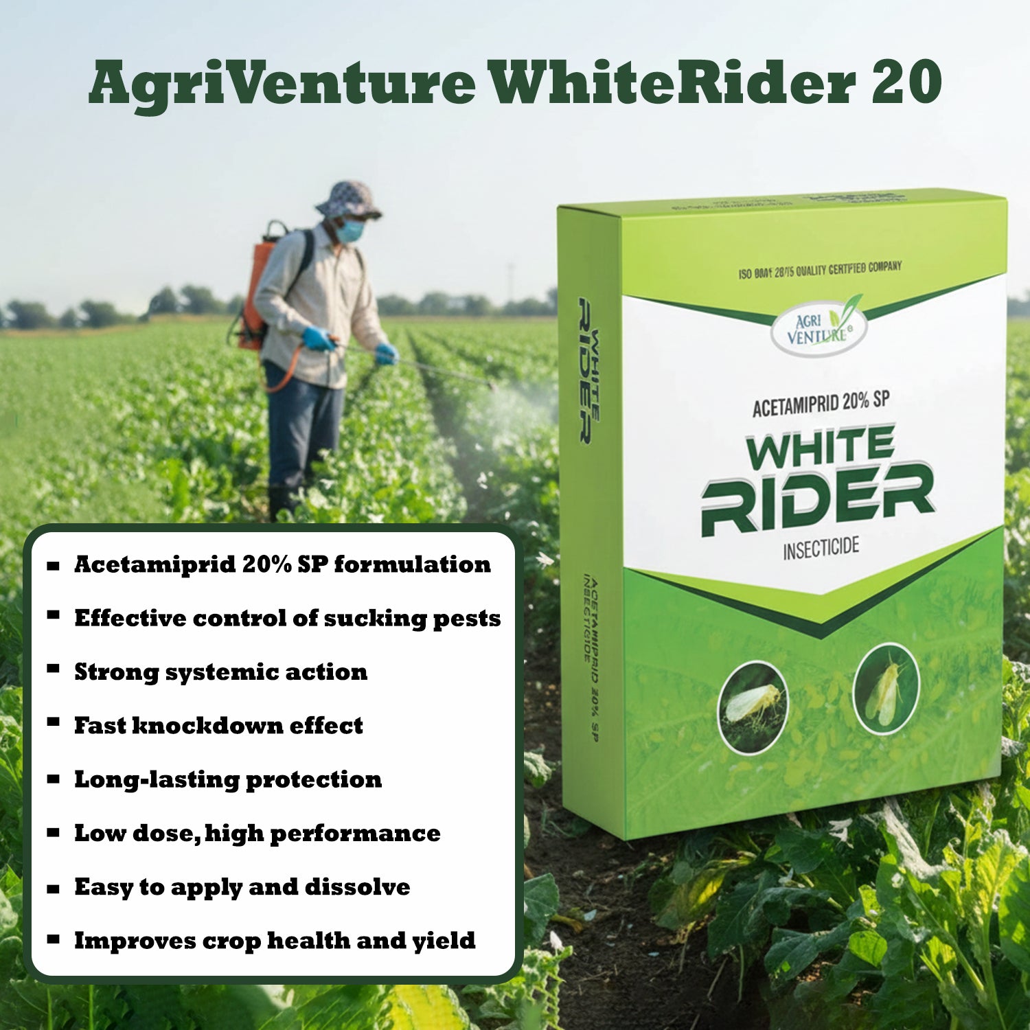 AgriVenture WHITE RIDER ( Acetamiprid 20% SP )Insecticide, Used For The Control Of Sucking Pests Like White Fly, Aphid And Jassids(100Gm,250Gm)