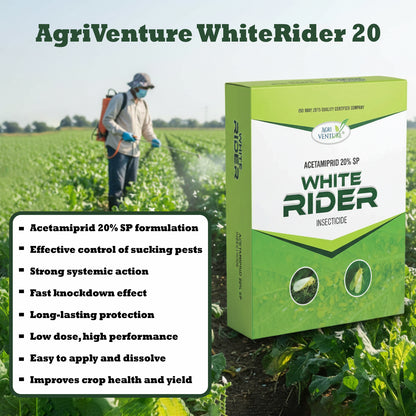 AgriVenture WHITE RIDER ( Acetamiprid 20% SP )Insecticide, Used For The Control Of Sucking Pests Like White Fly, Aphid And Jassids(100Gm,250Gm)