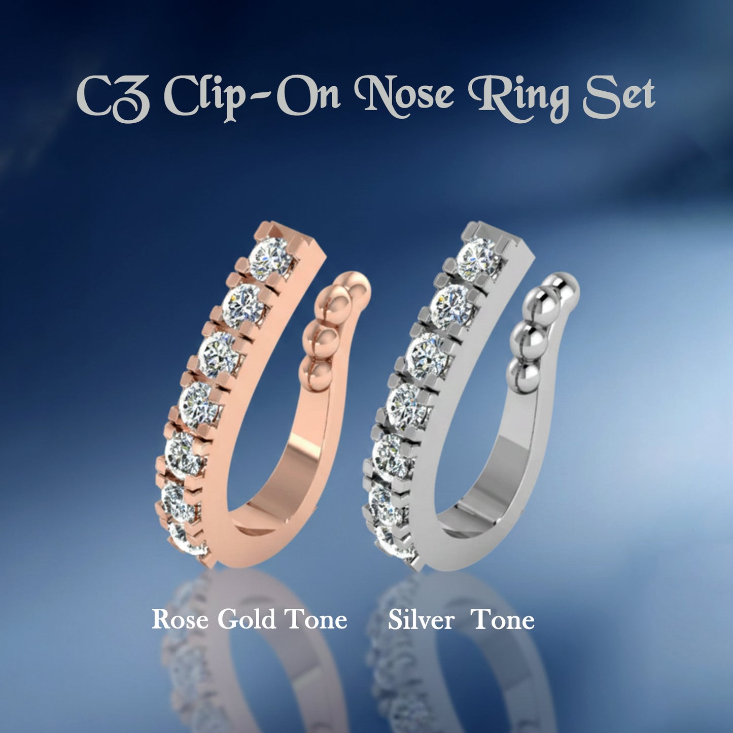 2-Pc CZ Clip-On Nose Ring Set - Cluster & Line (Non-Piercing) Combo Pack of 2