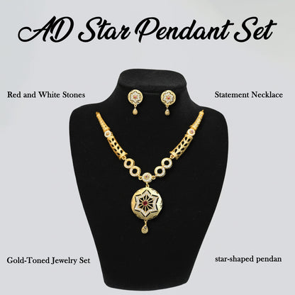 Gold star pendant necklace set with matching earrings featuring CZ stones and ruby accents