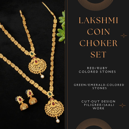 Gold-plated Lakshmi coin choker with matching jhumka earrings