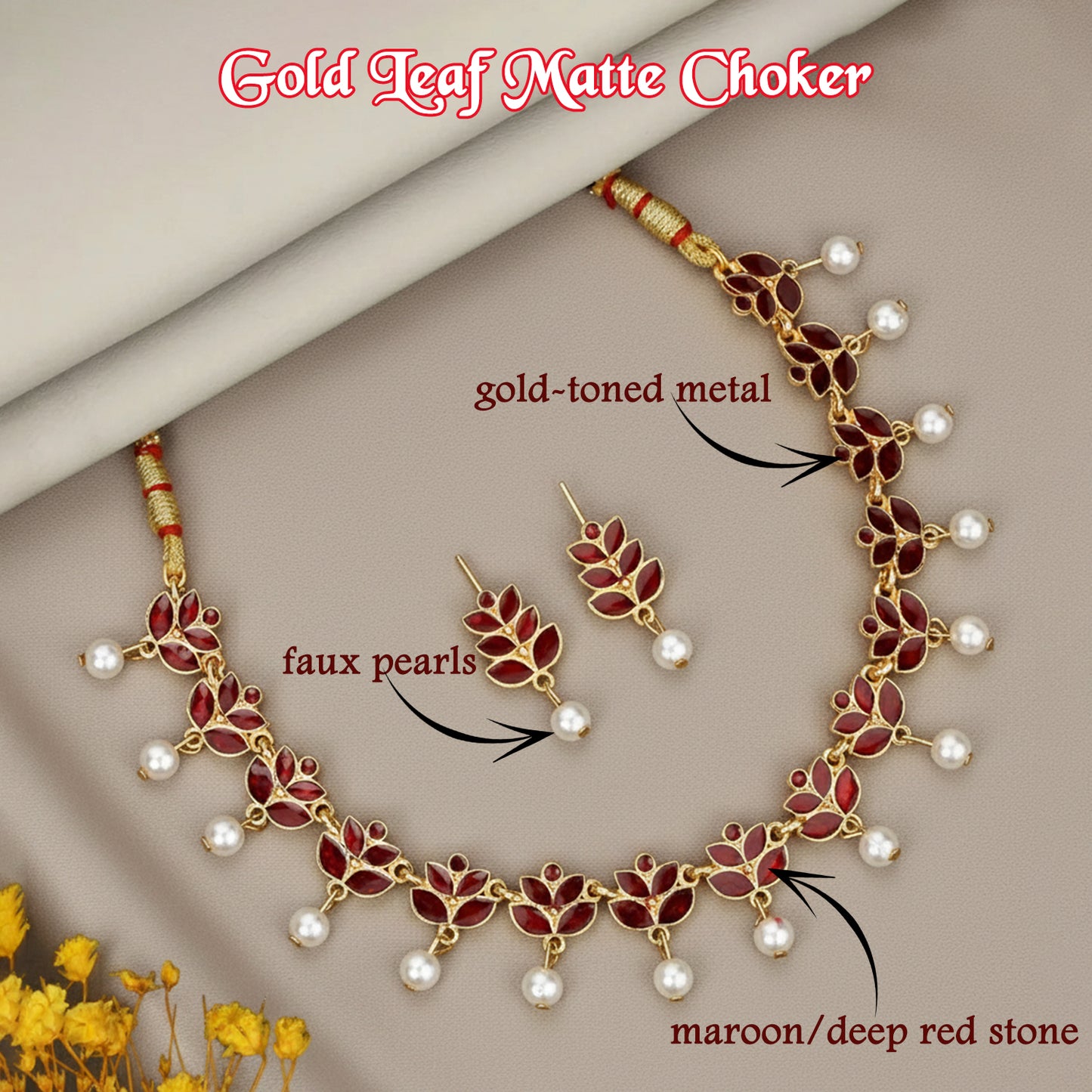 Elegant Gold-Tone Matte Leaf Motif Choker with Faux Pearls