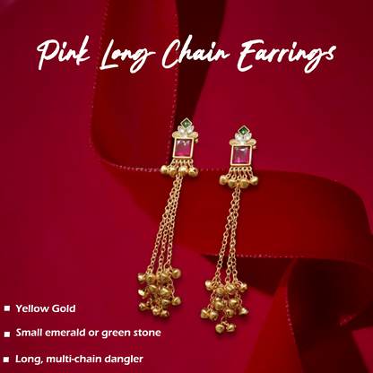 Pink Stone Kashmiri Long Chain Ghungroo Earrings.