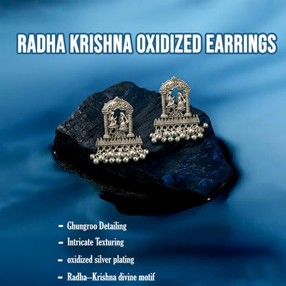 Oxidized Silver Temple Earrings – Handcrafted Radha Krishna Design with Ghungroo Drops