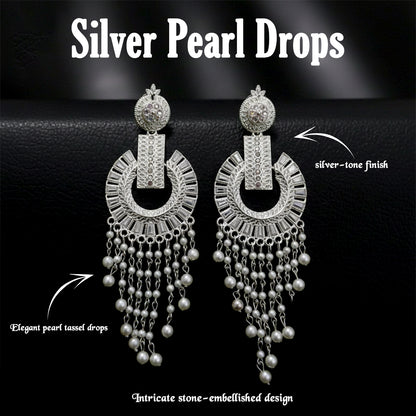 Silver-Tone Pearl Tassel Statement Earrings