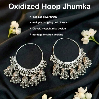 Handcrafted Oxidized Silver Hoop Jhumka Earrings with Intricate Filigree Detailing and Multiple Dangling Bell Drops