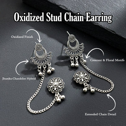Oxidized Silver Ethnic Ear Cuff Chain Earrings with Studs | Traditional Boho Tribal Jewelry