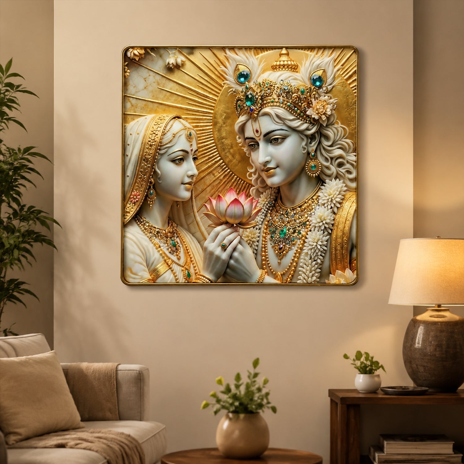 3D Radha Krishna Lotus Theme Crystal Wall Art Decorative Frame (12x12 Inch)