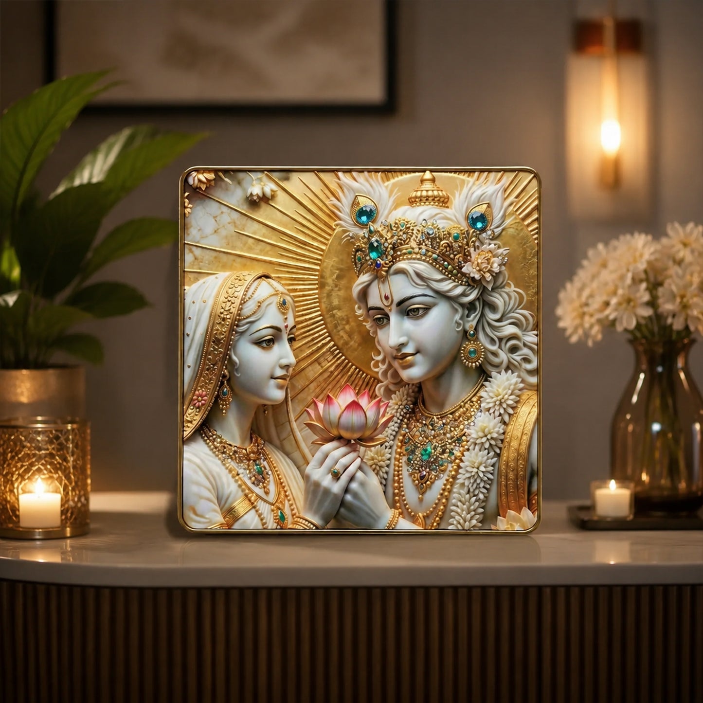 3D Radha Krishna Lotus Theme Crystal Wall Art Decorative Frame (12x12 Inch)