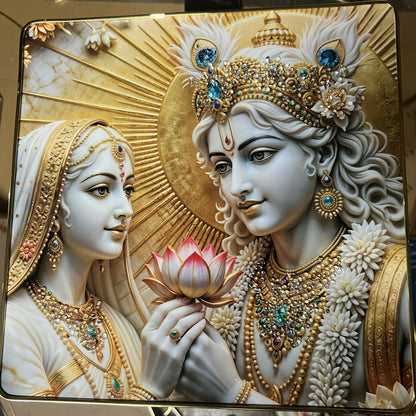 3D Radha Krishna Lotus Theme Crystal Wall Art Decorative Frame (12x12 Inch)