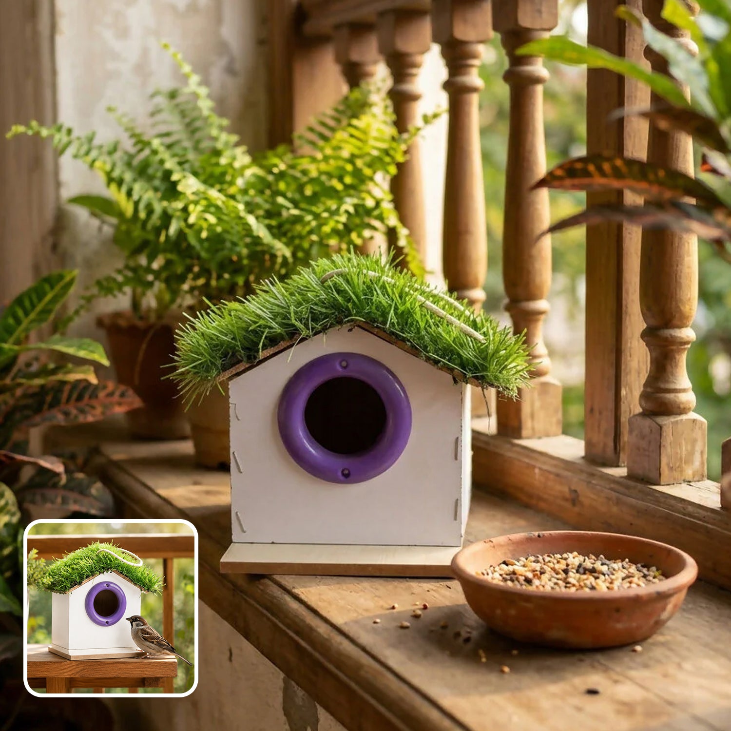 Handcrafted wooden birdhouse with synthetic grass roof and purple entry ring