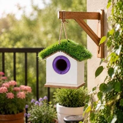 Side view of wooden birdhouse showing white finish and grass roof
