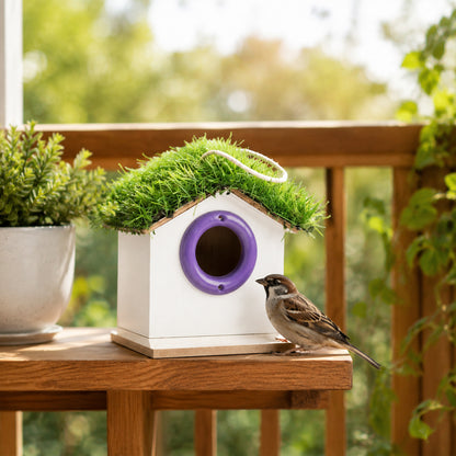 Close-up of purple circular entry ring of birdhouse