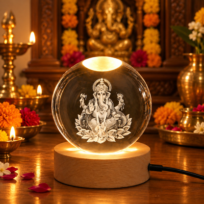 3D Crystal Ganesha Ball Night Lamp with Wooden LED Base USB Powered showcase