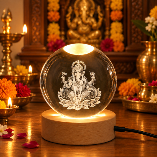 3D Crystal Ganesha Ball Night Lamp with Wooden LED Base USB Powered showcase