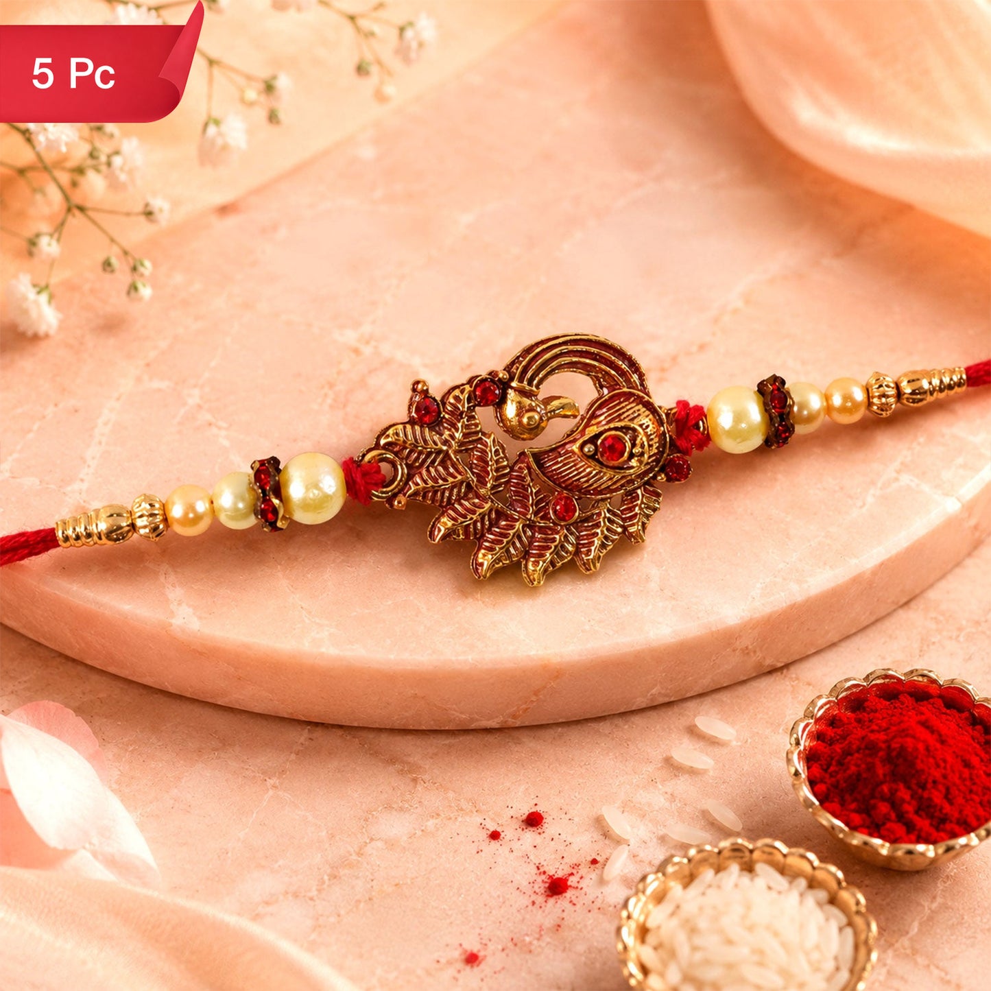 Peacock Rakhi Pearl Beads Festive Bracelet (5pcs)