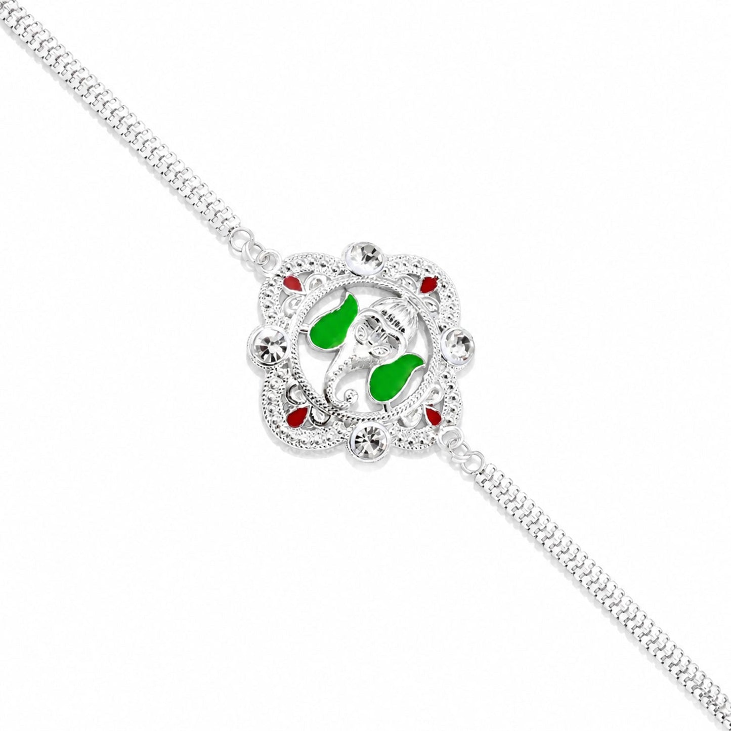Ganesh Motif Rakhi Elegant Silver Chain Green Enamel (10pcs)