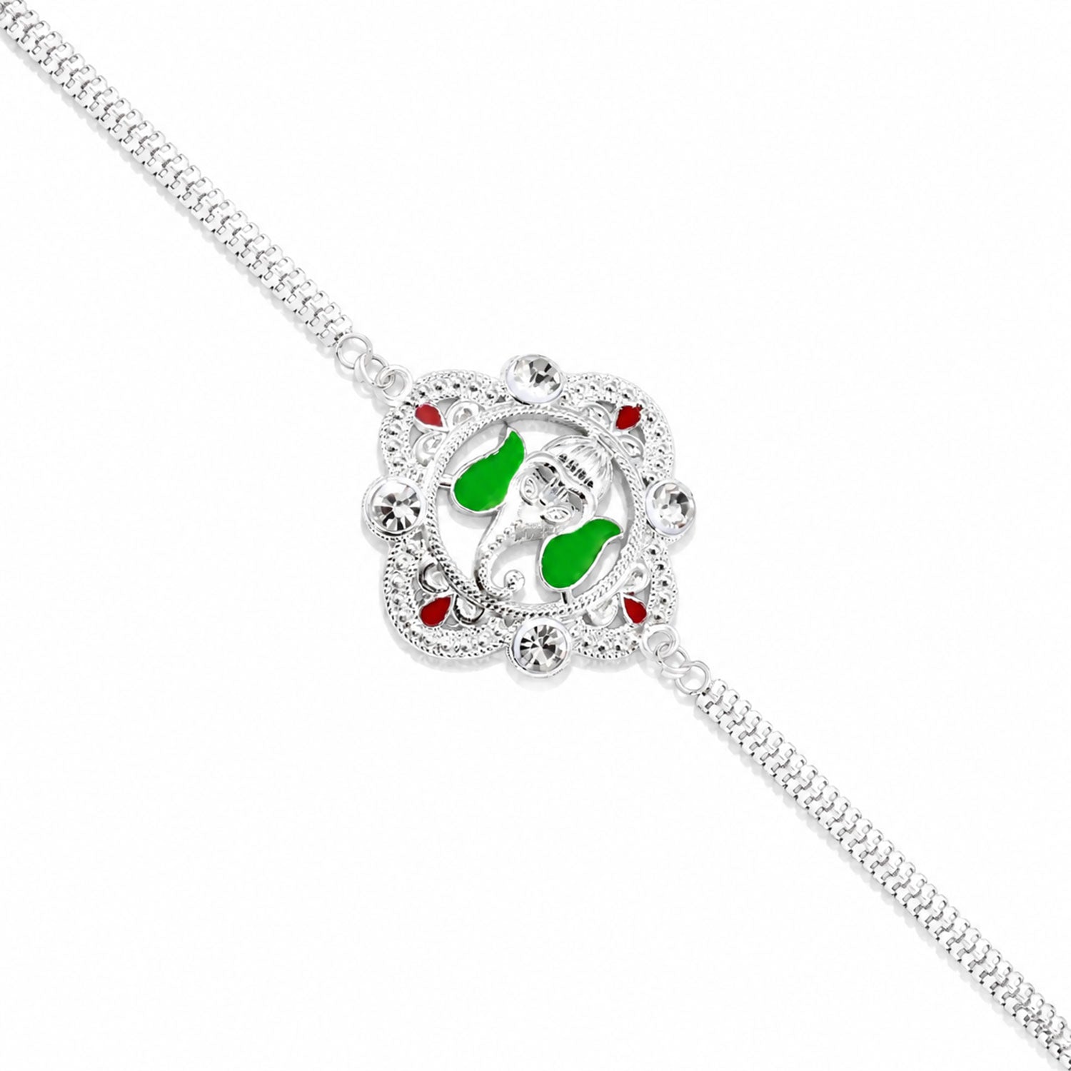 Ganesh Motif Rakhi Elegant Silver Chain Green Enamel (10pcs)